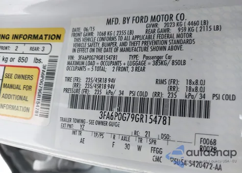 2016 Ford Fusion S из США, поврежденный, VIN 3FA6P0G79GR154781